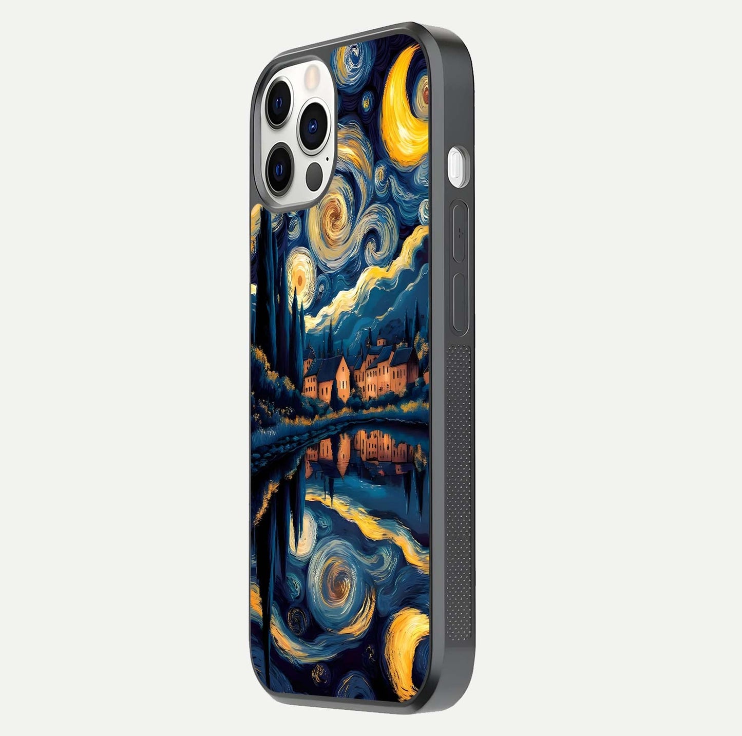 Starry Sky Serenity Glass Case for iPhone 12 Pro side-angle image showing reflection and night-sky detail