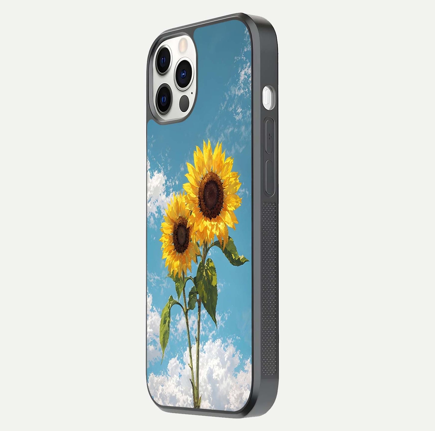 Sunflower Sky Bloom Glass Case for iPhone 12 Pro side-angle image showing reflection, edges, and sunflower color