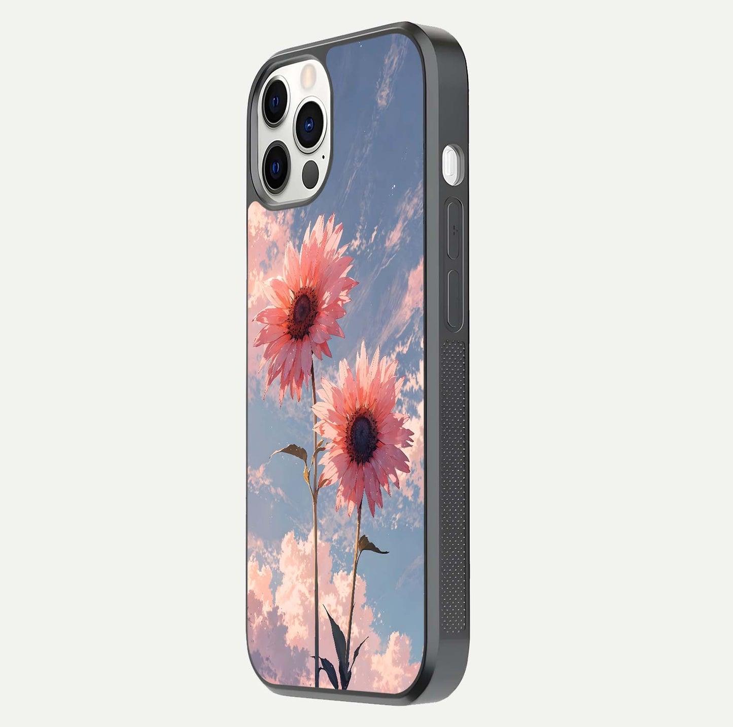 Sunlit Daisy Glow Glass Case for iPhone 12 Pro side-angle image showing shine, gloss, and floral highlight