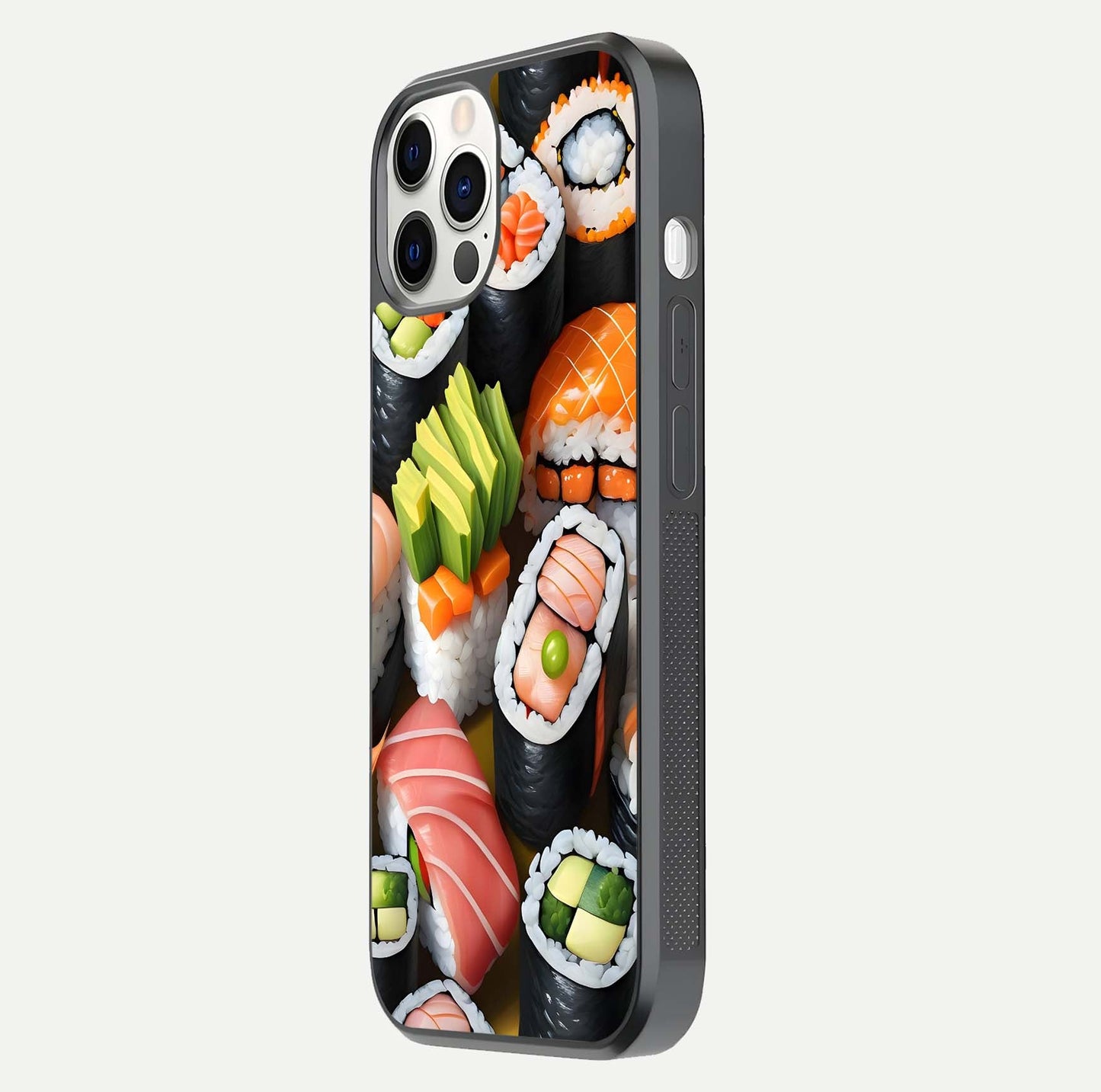Sushi Food Pattern Glass Case for iPhone 12 Pro side-angle image showing shine, gloss, and sushi artwork