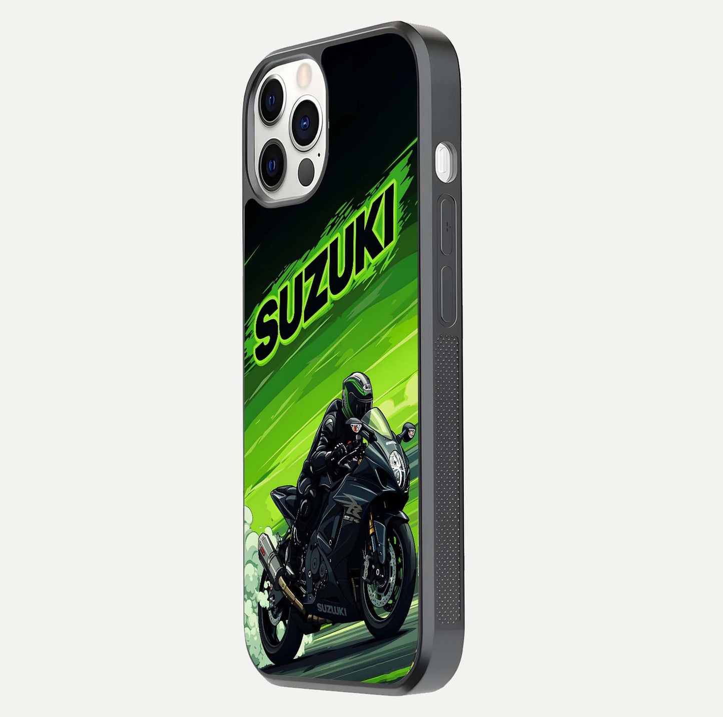 Suzuki Speed Beast Glass Case for iPhone 12 Pro side-angle image showing reflection, gloss, and car detailing