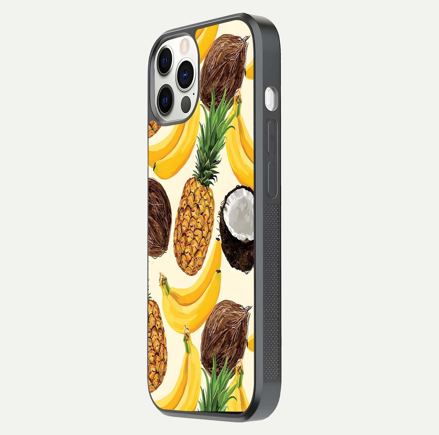 Tropical Fruit Mood Glass Case for iPhone 12 Pro side-angle image showing reflection, gloss, and fruit details