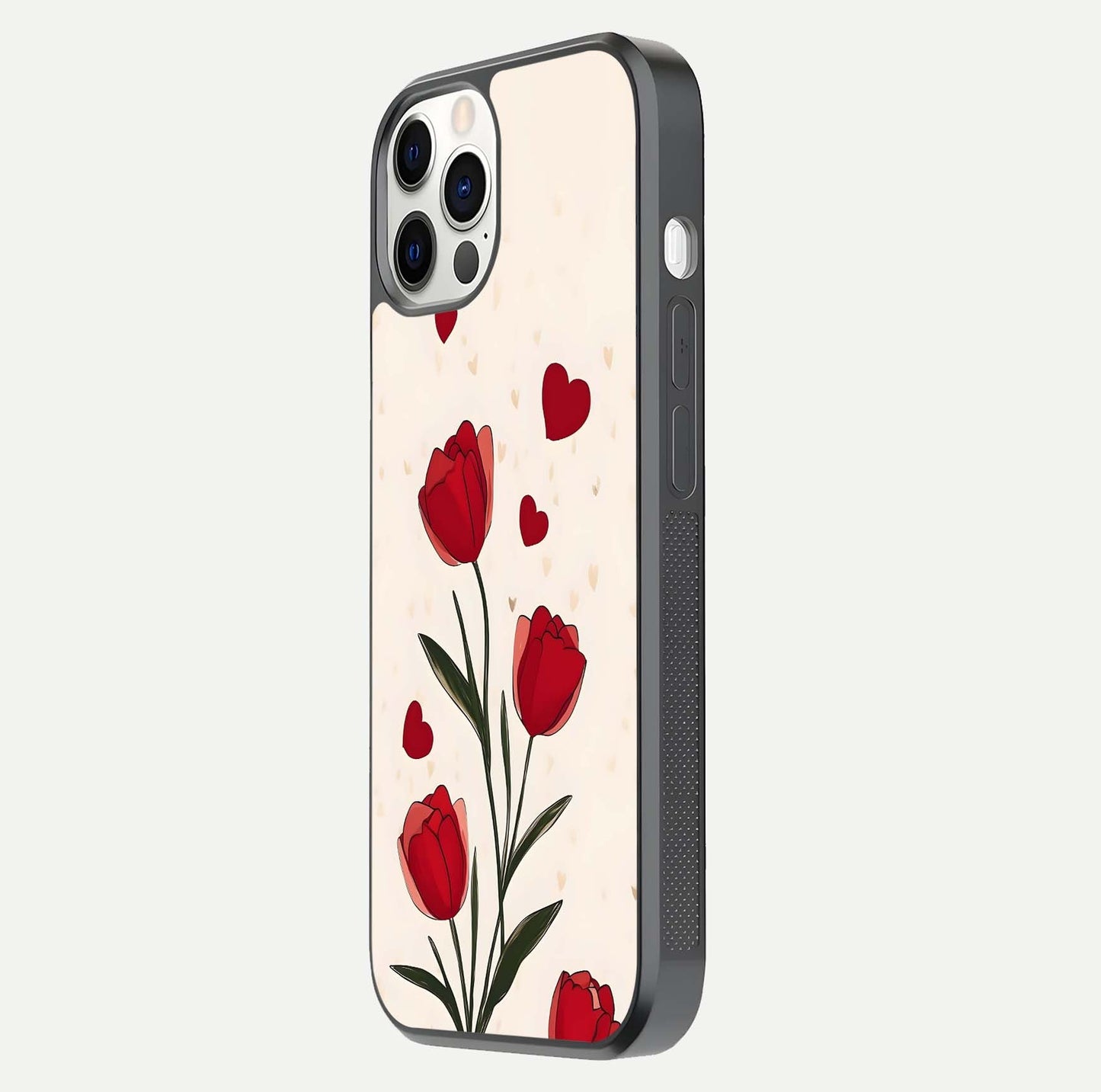 Tulip With Heart Glass Case for iPhone 12 Pro side-angle image showing floral reflection and subtle gradient