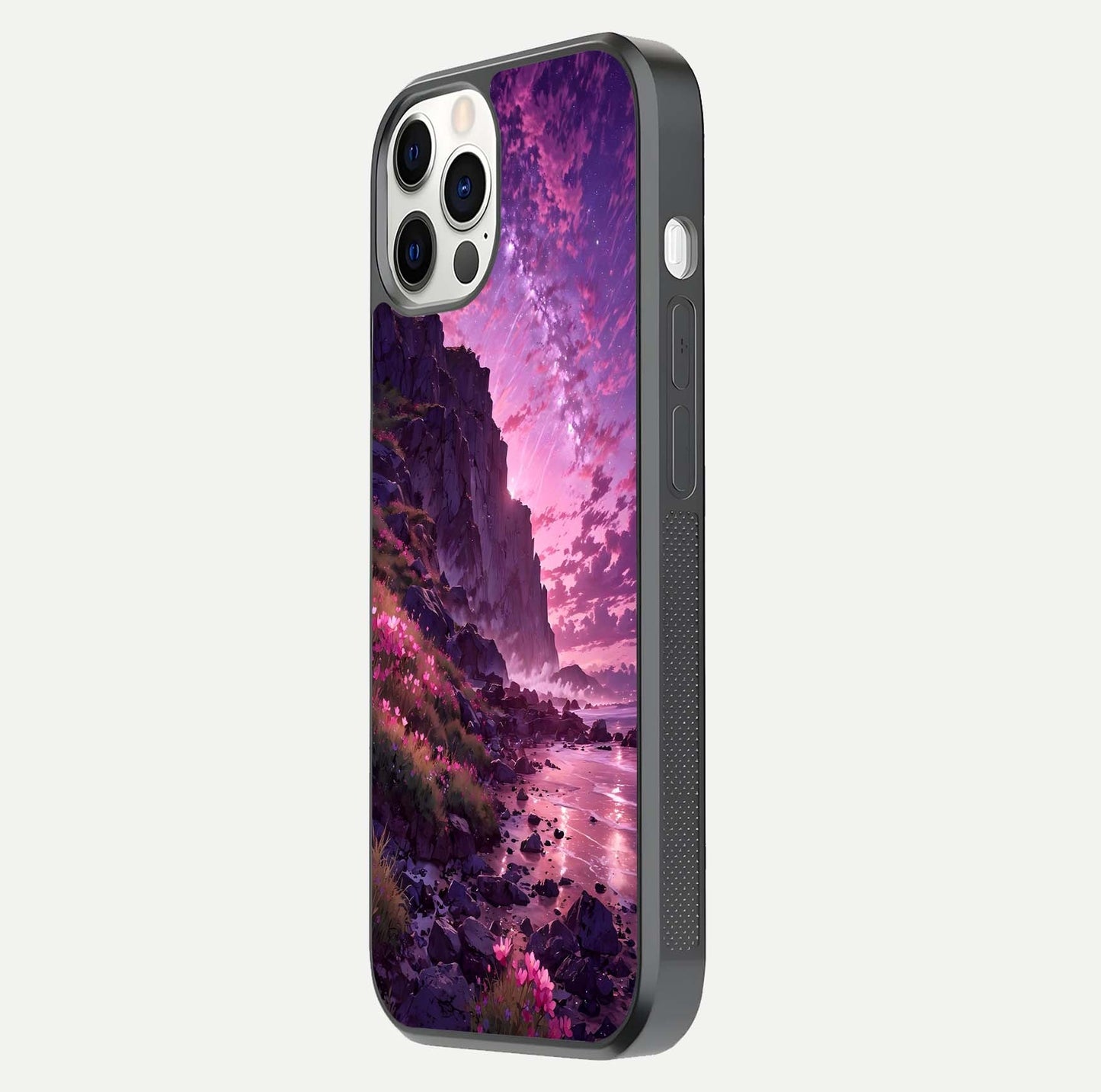 Twilight Blossom Coast Glass Case for iPhone 12 Pro side-angle image showing shine, reflection, and petal tone