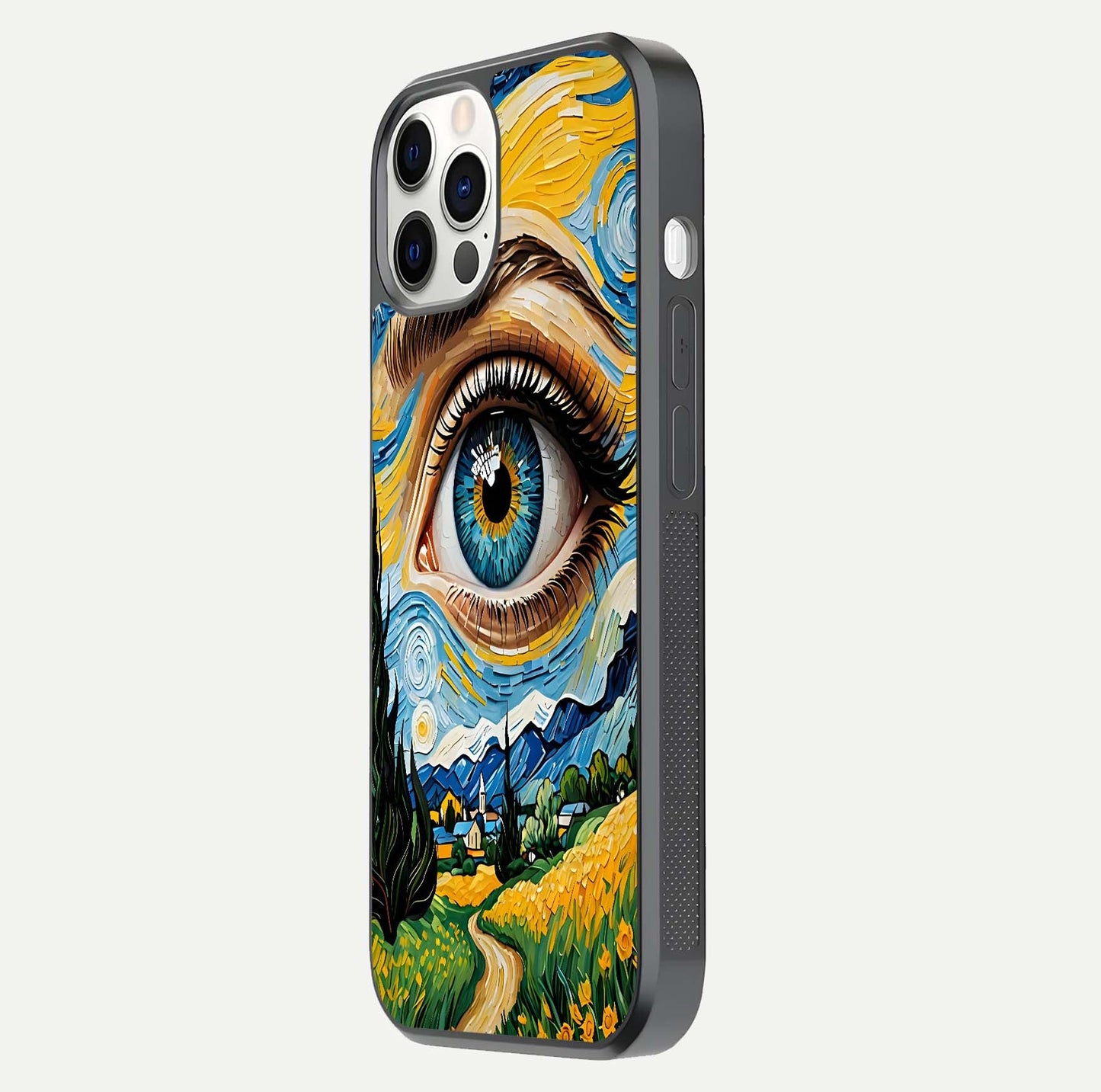 Van Gogh Eye Glass Case for iPhone 16 Pro side-angle image showing reflection, gloss, and artistic contrast