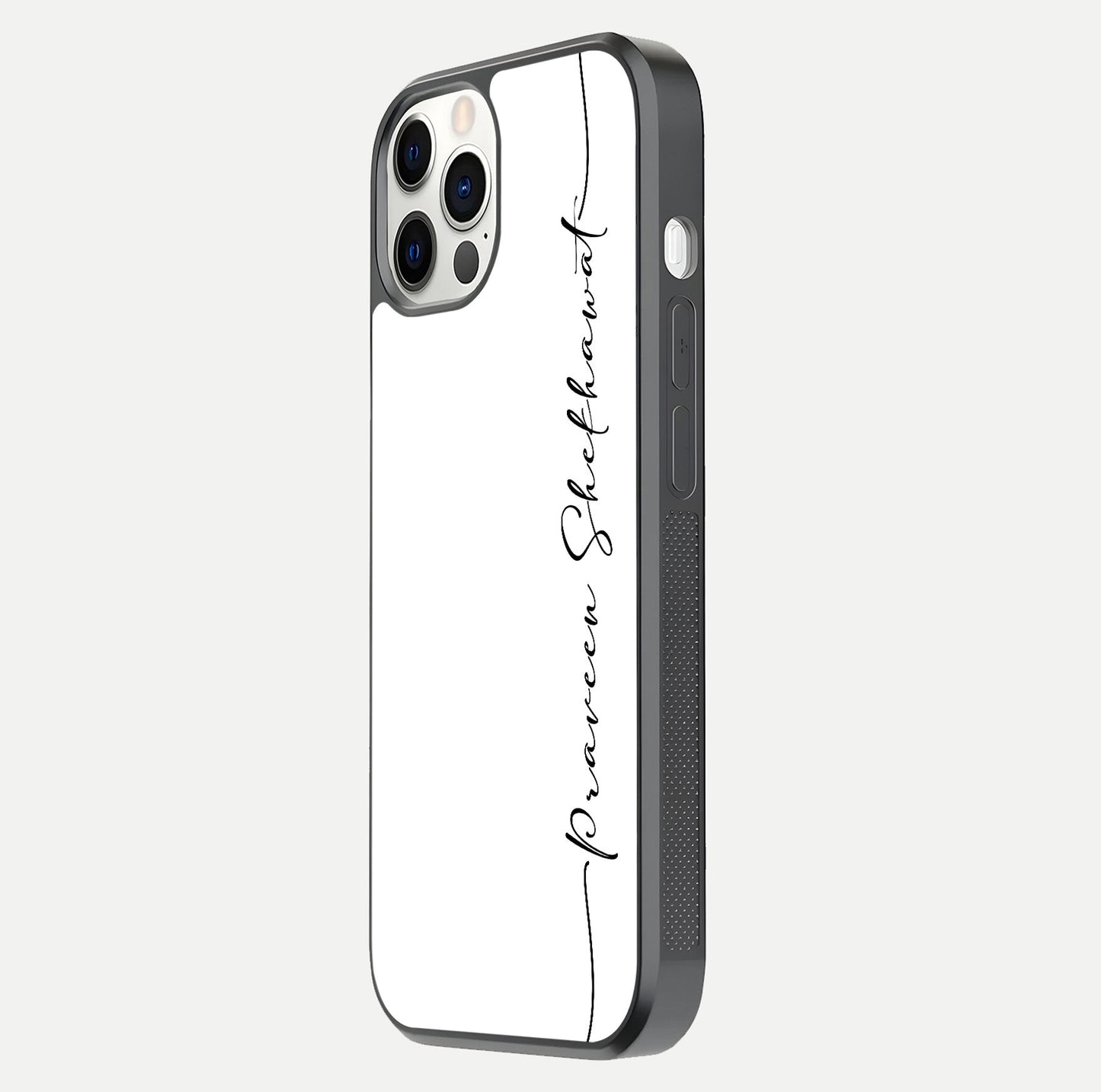 White Tune Custom Name Glass Case for iPhone 12 Mini side-angle image showing shine, gloss, and minimal tone