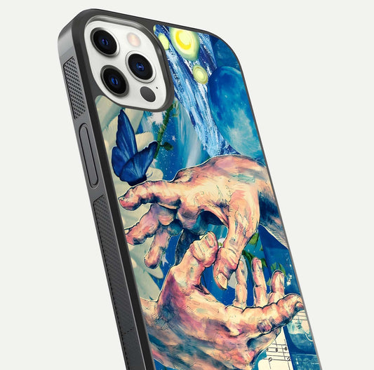 Aesthetic Divider Glass Case for iPhone 12 Mini close-up angled shot showing detailed divider artwork and gloss reflection