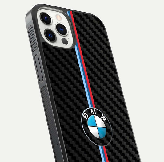BMW Pattern Glass Case for iPhone 12 Pro close-up angle showing BMW logo detailing and high-reflect gloss texture