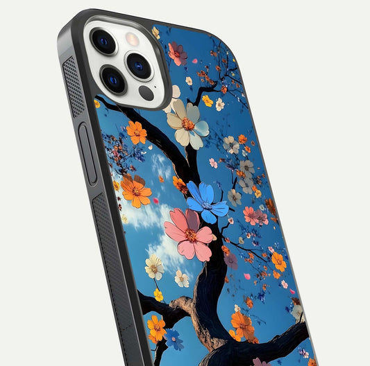 Blossom Dream Sky Glass Case for iPhone 12 Pro close-up shot highlighting dreamlike clouds and pink blossoms
