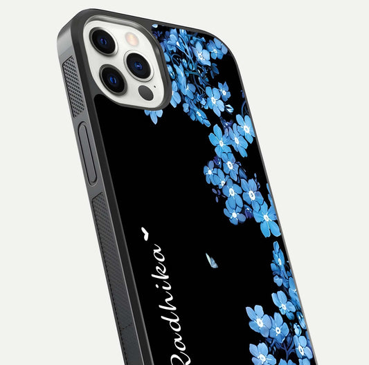 Blue Petal Dream Custom Name Glass Case for iPhone 12 Pro close-up highlighting petal texture and gloss reflection