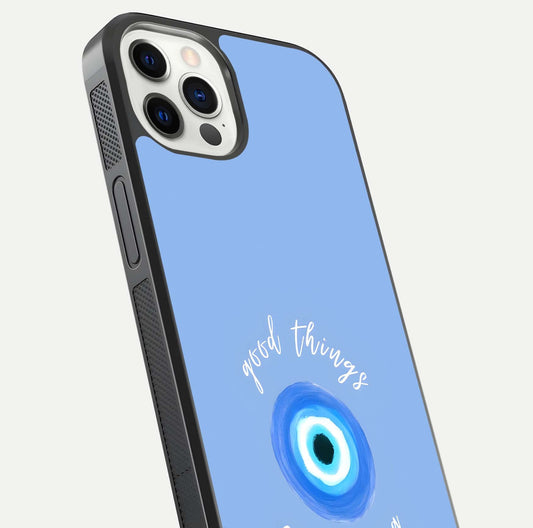 Bright Future Ahead Glass Case for iPhone 12 Pro close-up image highlighting bold quote text and HD reflection