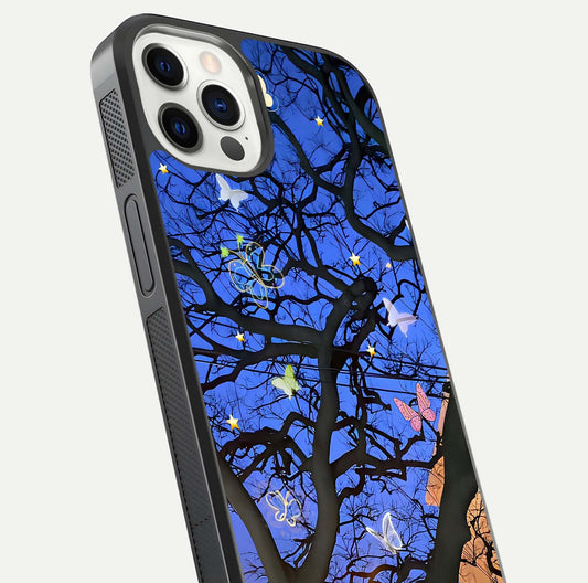 Butterfly Night Magic Glass Case for iPhone 12 Pro close-up highlighting wings reflection and gloss shimmer