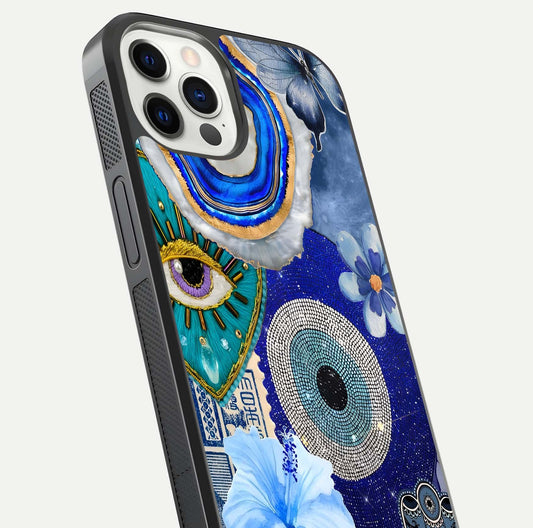 Celestial Blue Vision Glass Case for iPhone 12 Pro close-up shot highlighting reflection details and smooth edge polish
