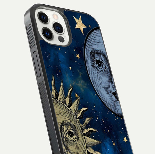 Celestial Moon With Sun Glass Case for iPhone 12 Pro close-up highlighting fine celestial detail and polish reflection