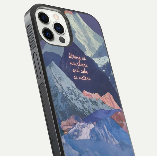 Celestial Mountain Calm Glass Case for iPhone 12 Pro close-up showing peak reflection and HD gloss texture