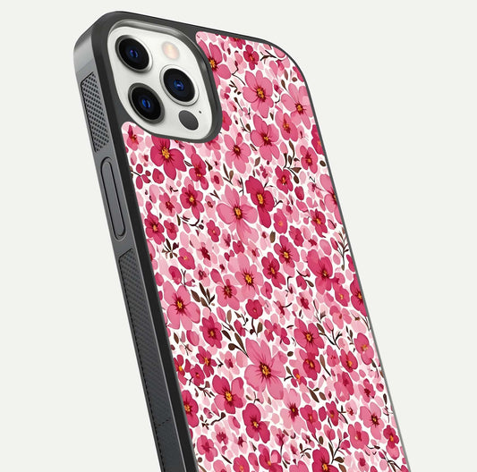 Cherry Blossom Charm Glass Case for iPhone 12 Pro close-up highlighting petal gradient and reflection shine