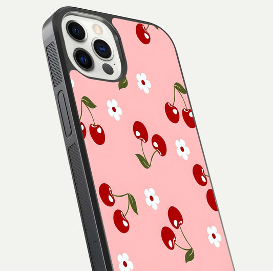 Cherry Love Mood Glass Case for iPhone 12 Pro close-up highlighting cherry heart pattern and reflection shine