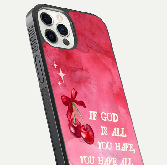 Cherry Quote Glass Case for iPhone 12 Pro close-up showing printed quote detail and HD reflection gloss