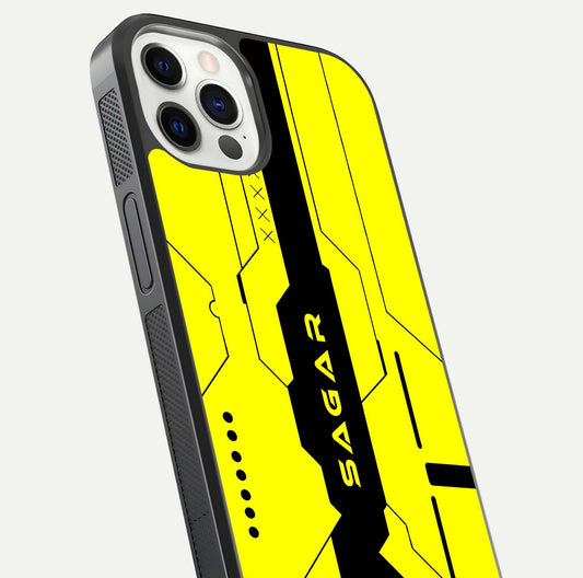Circuit CYBERPUNK Custom Name Glass Case for iPhone 12 Pro close-up highlighting neon lines, futuristic tones, and gloss reflection