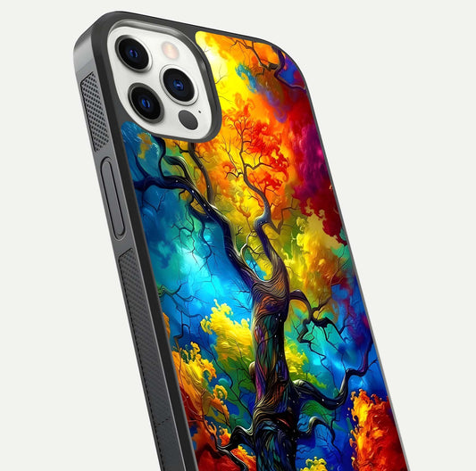 Colorful Tree Glass Case for iPhone 12 Pro close-up highlighting leaf detail, gradient colors, and shine