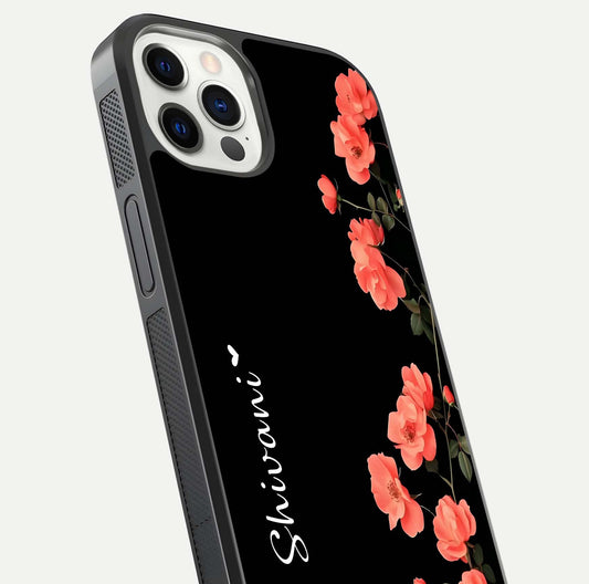 Crimson Bloom Grace Custom Name Glass Case for iPhone 12 Pro close-up highlighting flower pattern and reflection texture