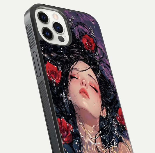 Crimson Rose Serenity Glass Case for iPhone 12 Pro close-up highlighting rose gradient and reflection detail