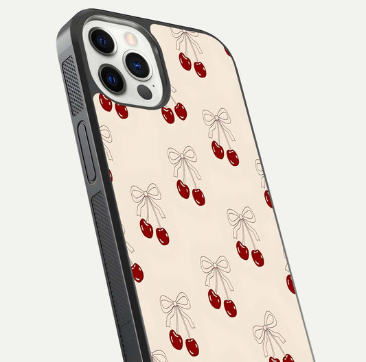 Cute Cherry Pattern Glass Case for iPhone 12 Pro close-up showing cherry cluster details and light reflection
