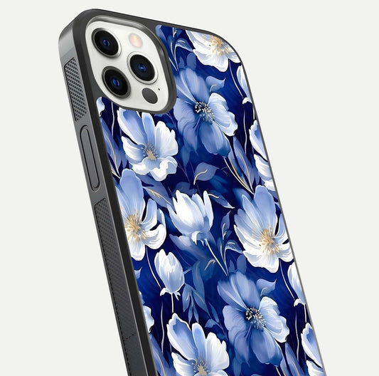 Cute Floral Patterns Glass Case for iPhone 12 Pro close-up highlighting flowers and gloss reflection