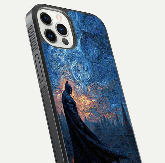 Dark Knight Dusk Glass Case for iPhone 12 Pro close-up highlighting dark suit texture and reflection detail