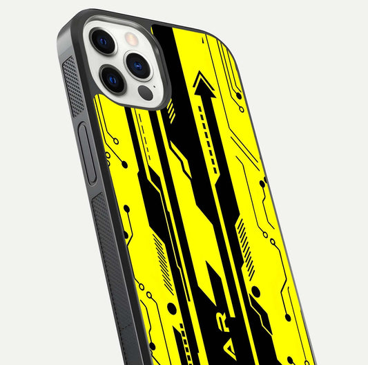 Electric Pulse CYBERPUNK Custom Name Glass Case for iPhone 12 Pro close-up highlighting tech pattern, lighting effect, and reflection shine