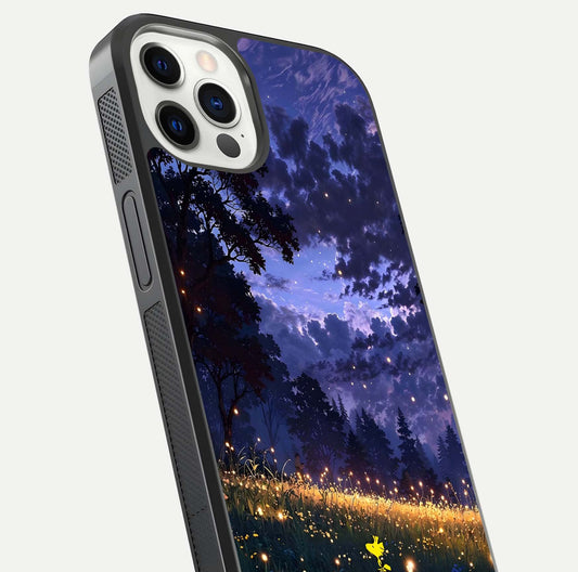 Firefly Meadow Magic Glass Case for iPhone 12 Pro close-up highlighting luminous firefly light and reflection detail