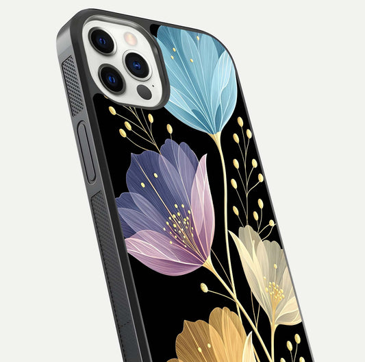 Flower Bloom Glow Glass Case for iPhone 12 Pro close-up highlighting bloom detail and reflection polish