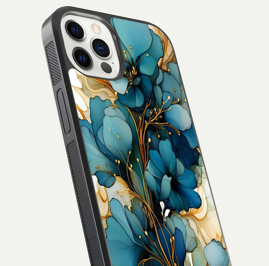 Golden Bloom Symphony Glass Case for iPhone 12 Pro close-up angled shot showing detailed petals and metallic gold reflection