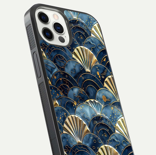Golden Wave Luxe Glass Case for iPhone 12 Pro close-up angled shot showing flowing wave texture and reflection brightness
