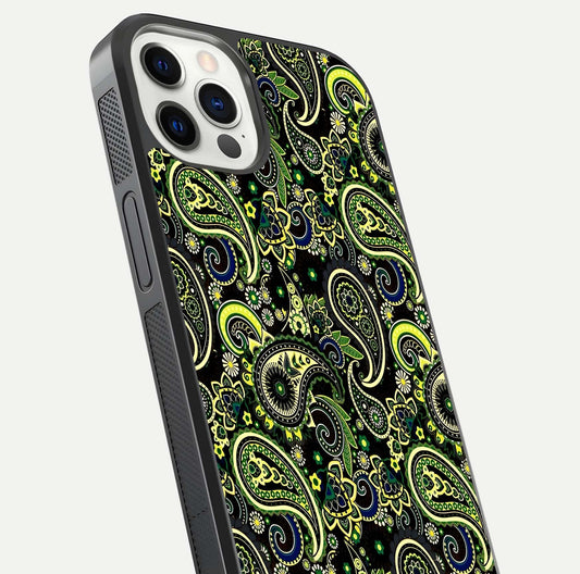 Green Mandala Pattern Glass Case for iPhone 12 Pro close-up angled shot showing fine detailing and gold-green reflection