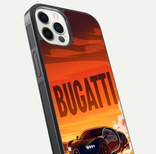 Inferno Bugatti Storm Glass Case for iPhone 12 Pro close-up angled shot showing flame details and reflection shine
