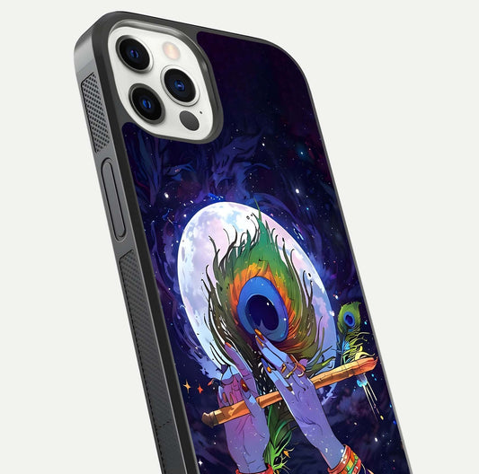 Krishna Hands Art Glass Case for iPhone 12 Pro close-up angled shot showing detailed hand design and shine