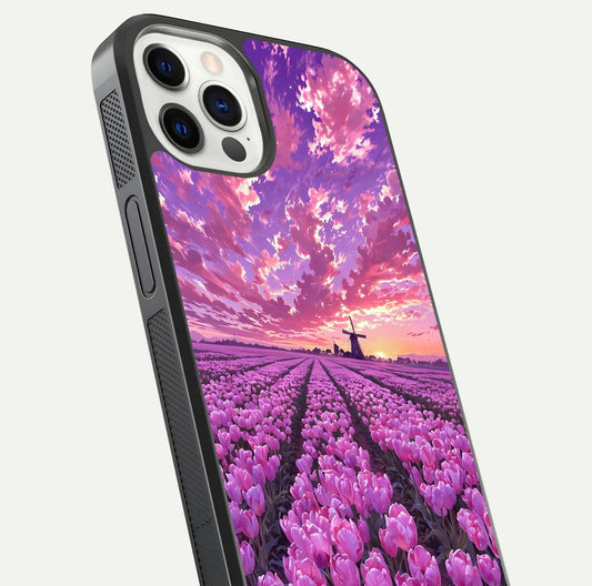 Lavender Dream Skies Glass Case for iPhone 12 Pro close-up angled shot showing purple hues and soft reflection