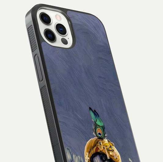 Lord Krishna Glass Case for iPhone 12 Pro angled close-up showing intricate flute and reflection details