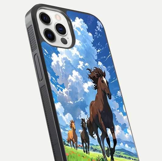 Majestic Horses Galloping Glass Case for iPhone 12 Pro close-up angled shot showing horse motion and reflection