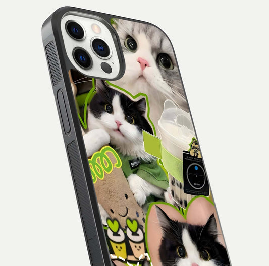 Matcha Cats Mood Glass Case for iPhone 12 Pro close-up angled shot showing adorable cat art and reflection detail