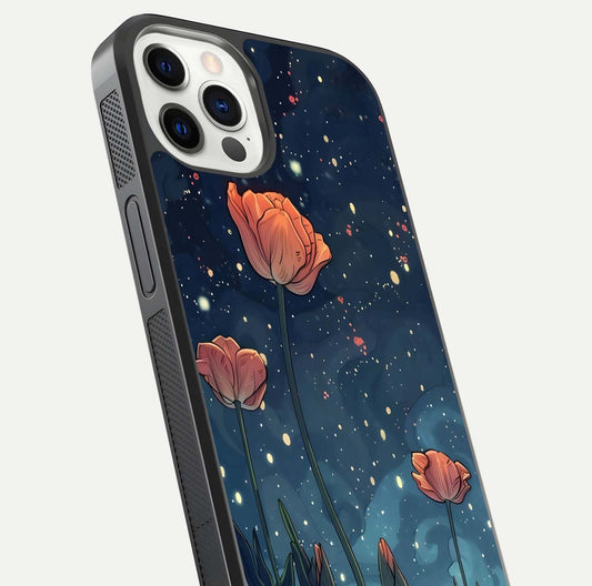 Midnight Tulip Glow Glass Case for iPhone 12 Pro close-up angled shot showing petal details and reflection glow