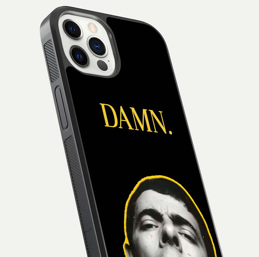 Mr Bean Damn Glass Case for iPhone 12 Pro close-up angled shot highlighting comic expression and shine detail