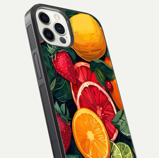 Multiple Fruits Glass Case for iPhone 12 Pro close-up angled shot showing fruit texture and HD gloss shine