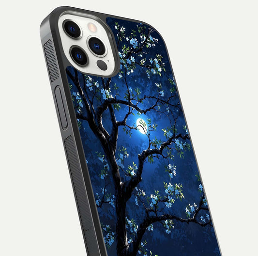 Mystic Floral Night Glass Case for iPhone 12 Pro close-up angled shot highlighting petal detail and HD reflection