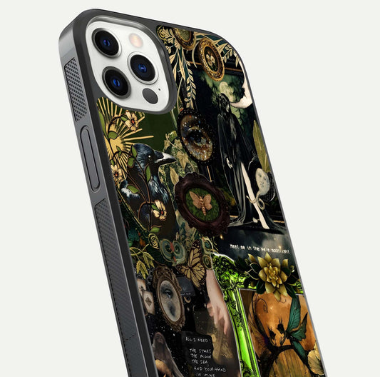 Mystic Woods Secret Glass Case for iPhone 12 Pro close-up angled shot highlighting tree texture and reflection
