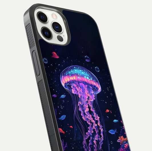 Neon Jellyfish Glass Case for iPhone 12 Pro close-up angled shot showing translucent jellyfish and shine reflection