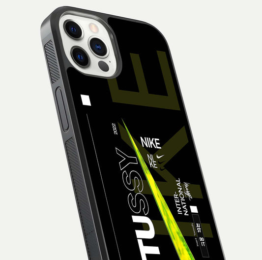 Neon Street Edition Glass Case for iPhone 12 Pro close-up angled shot showing urban neon lights and shine