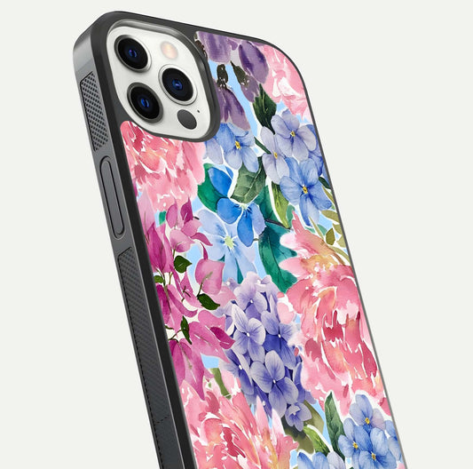 Pastel Floral Mix Glass Case for iPhone 12 Pro close-up angled shot highlighting flower detail and reflection