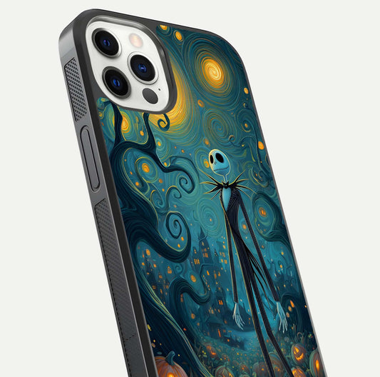 Pumpkin Moonlight Tale Glass Case for iPhone 12 Pro close-up angled shot highlighting reflection and vibrant glow